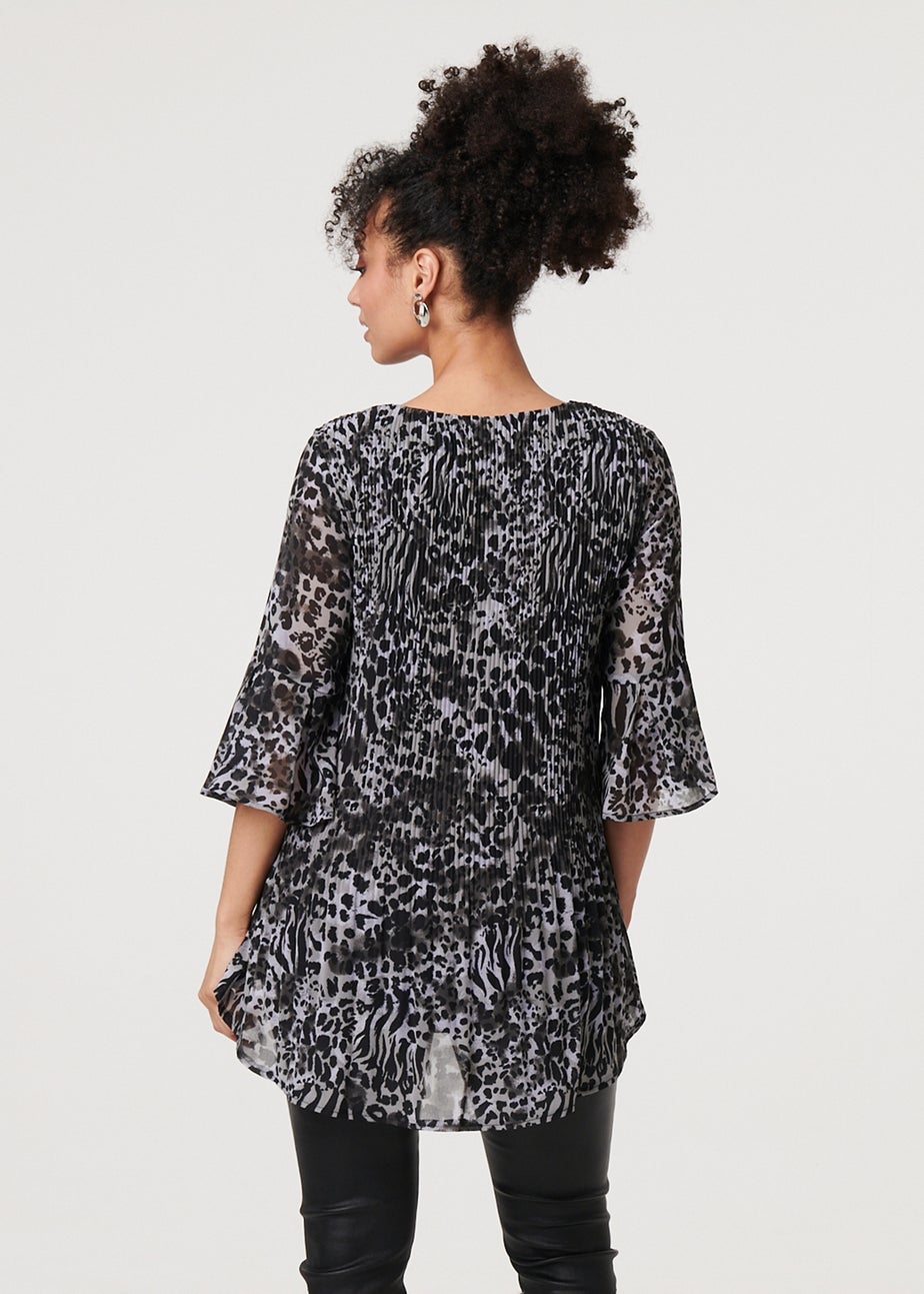Izabel London Black Animal Print Sheer Pleated Blouse