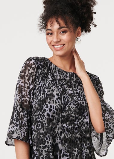 Izabel London Black Animal Print Sheer Pleated Blouse