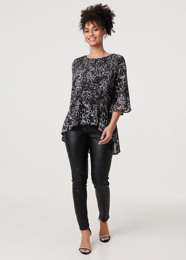 Izabel London Black Animal Print Sheer Pleated Blouse