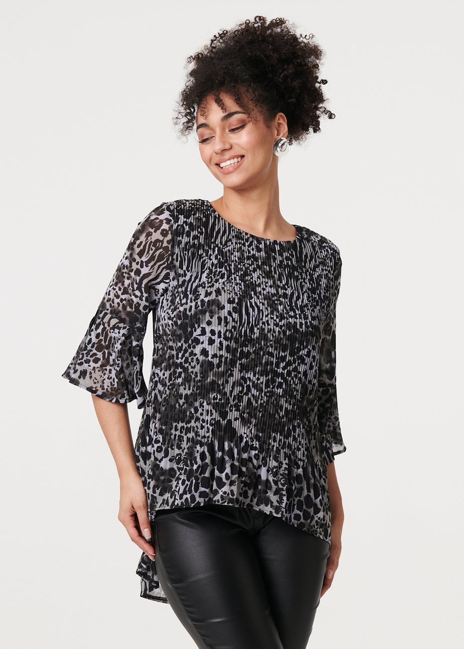 Izabel London Black Animal Print Sheer Pleated Blouse
