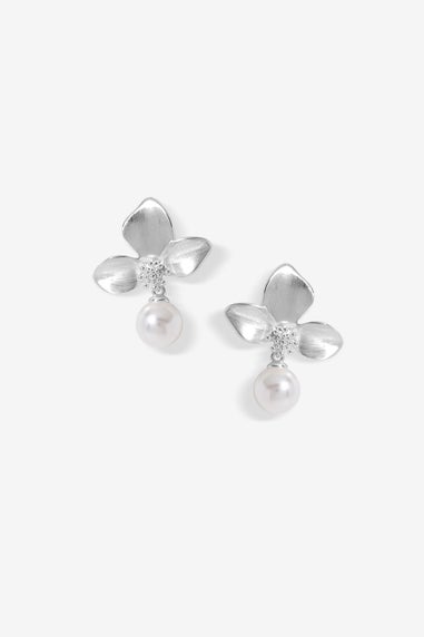 Jon Richard Silver Plated Satin Floral & Pearl Earrings
