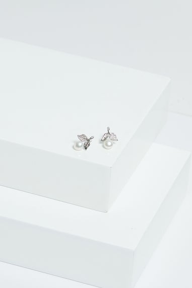 Jon Richard Rhodium Plated Leaf Cubic Zirconia & Pearl Earrings