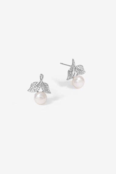 Jon Richard Rhodium Plated Leaf Cubic Zirconia & Pearl Earrings