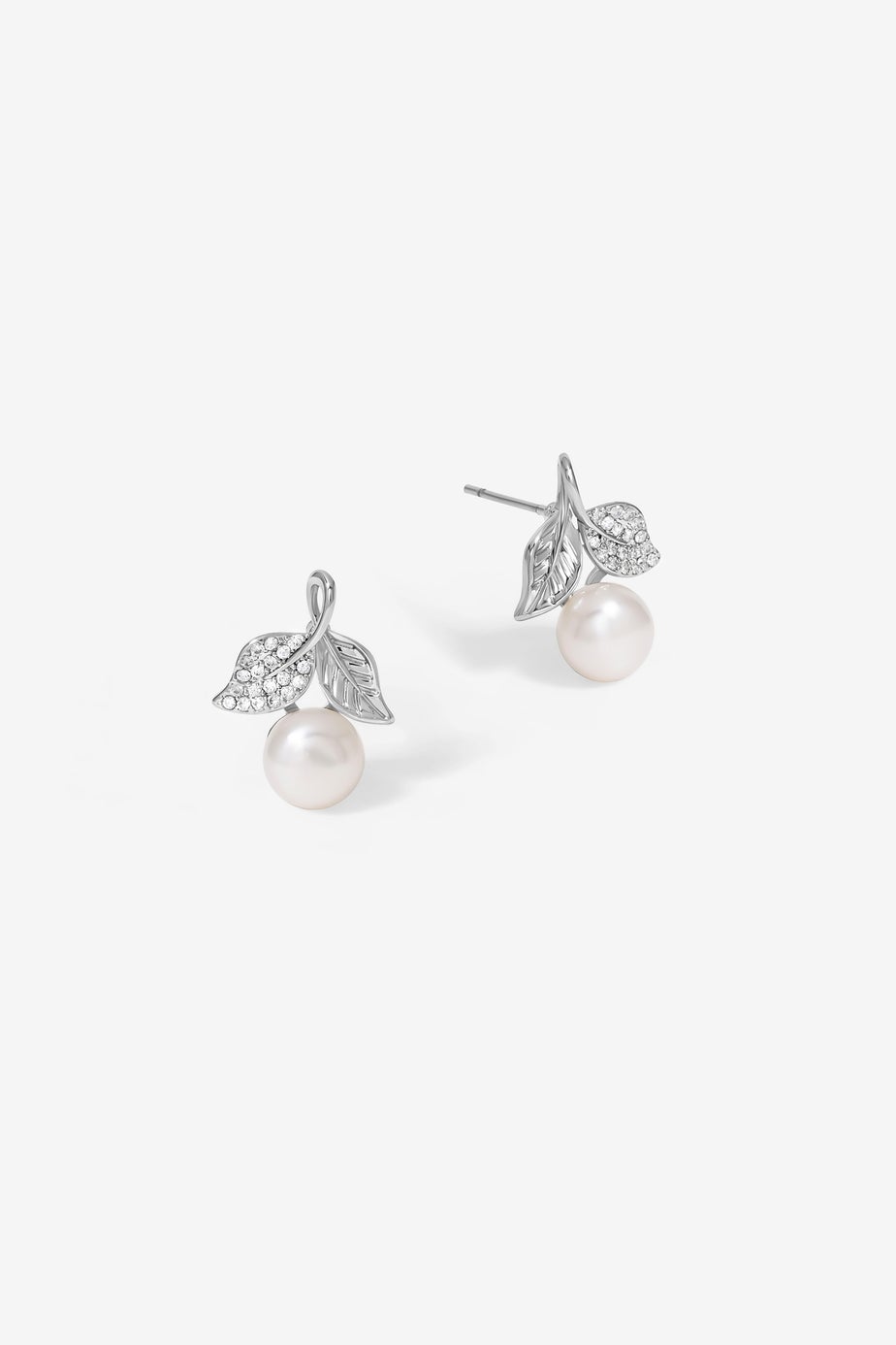 Jon Richard Rhodium Plated Leaf Cubic Zirconia & Pearl Earrings