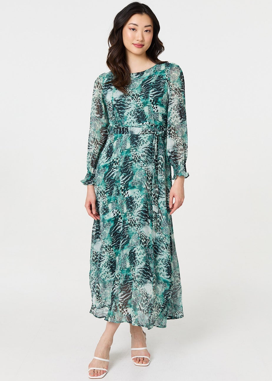 Izabel London Green Animal Print Semi Sheer Maxi Dress