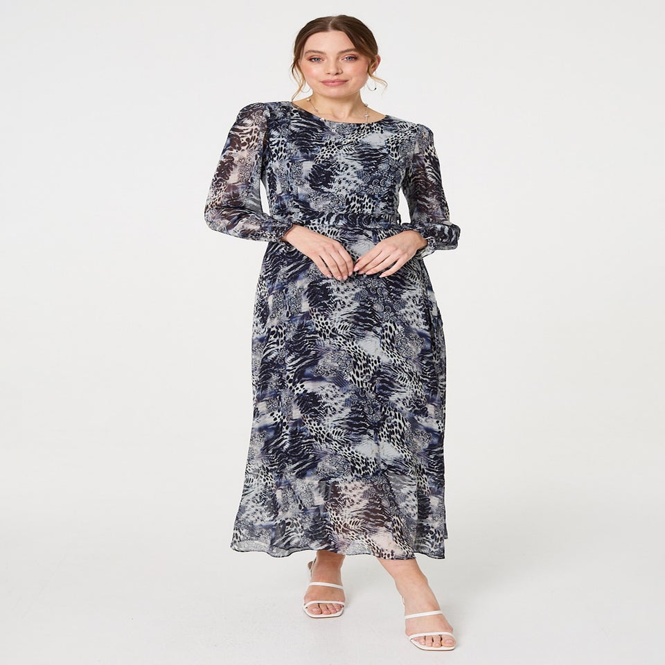Izabel London Navy Animal Print Semi Sheer Maxi Dress