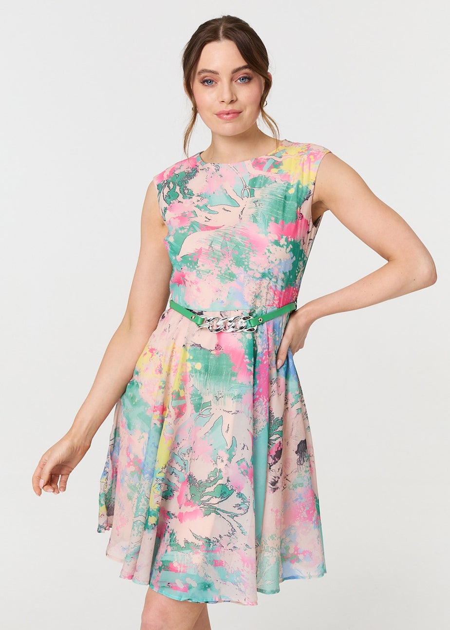 Izabel London Green Printed Sleeveless Short Skater Dress