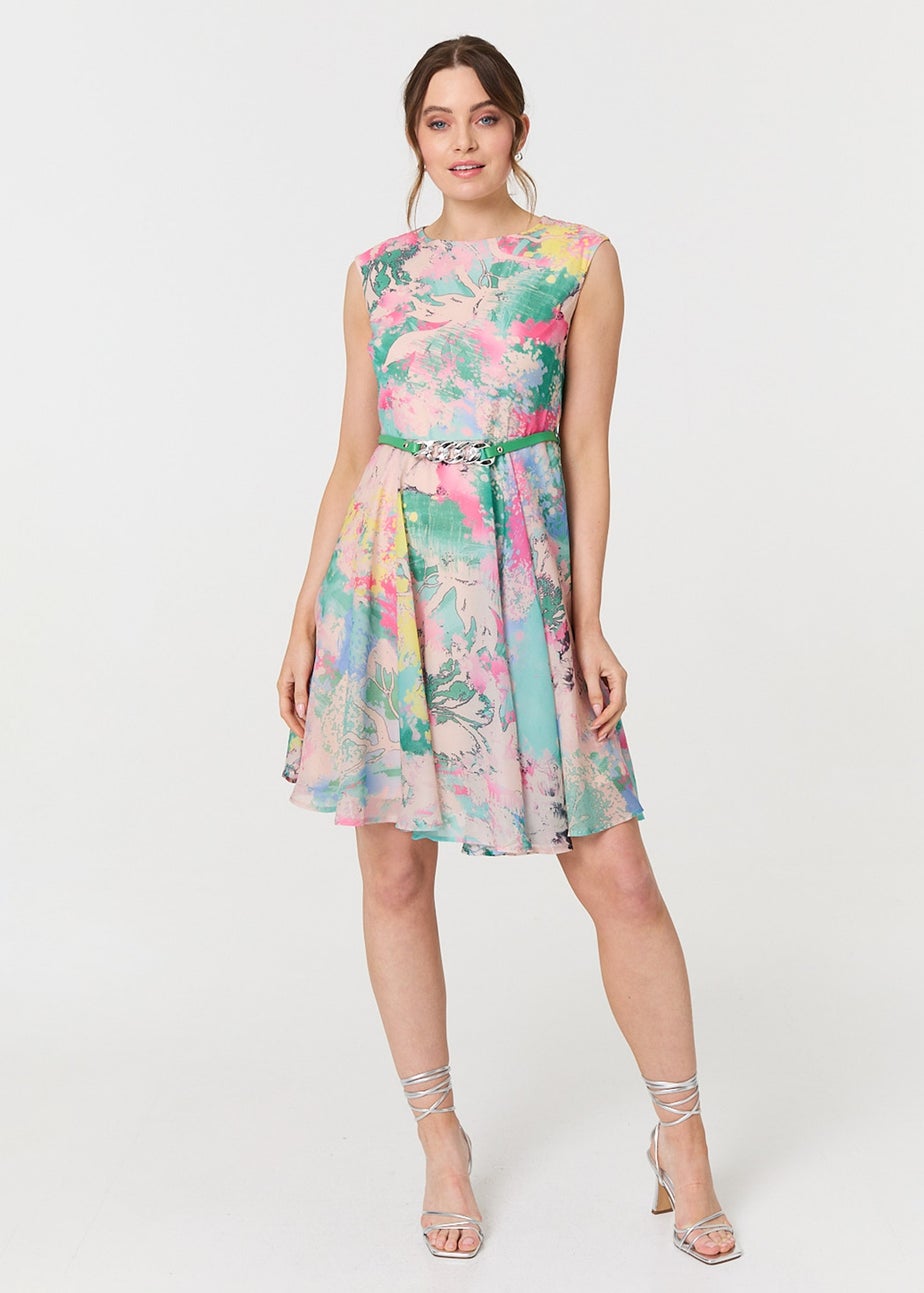 Izabel London Green Printed Sleeveless Short Skater Dress