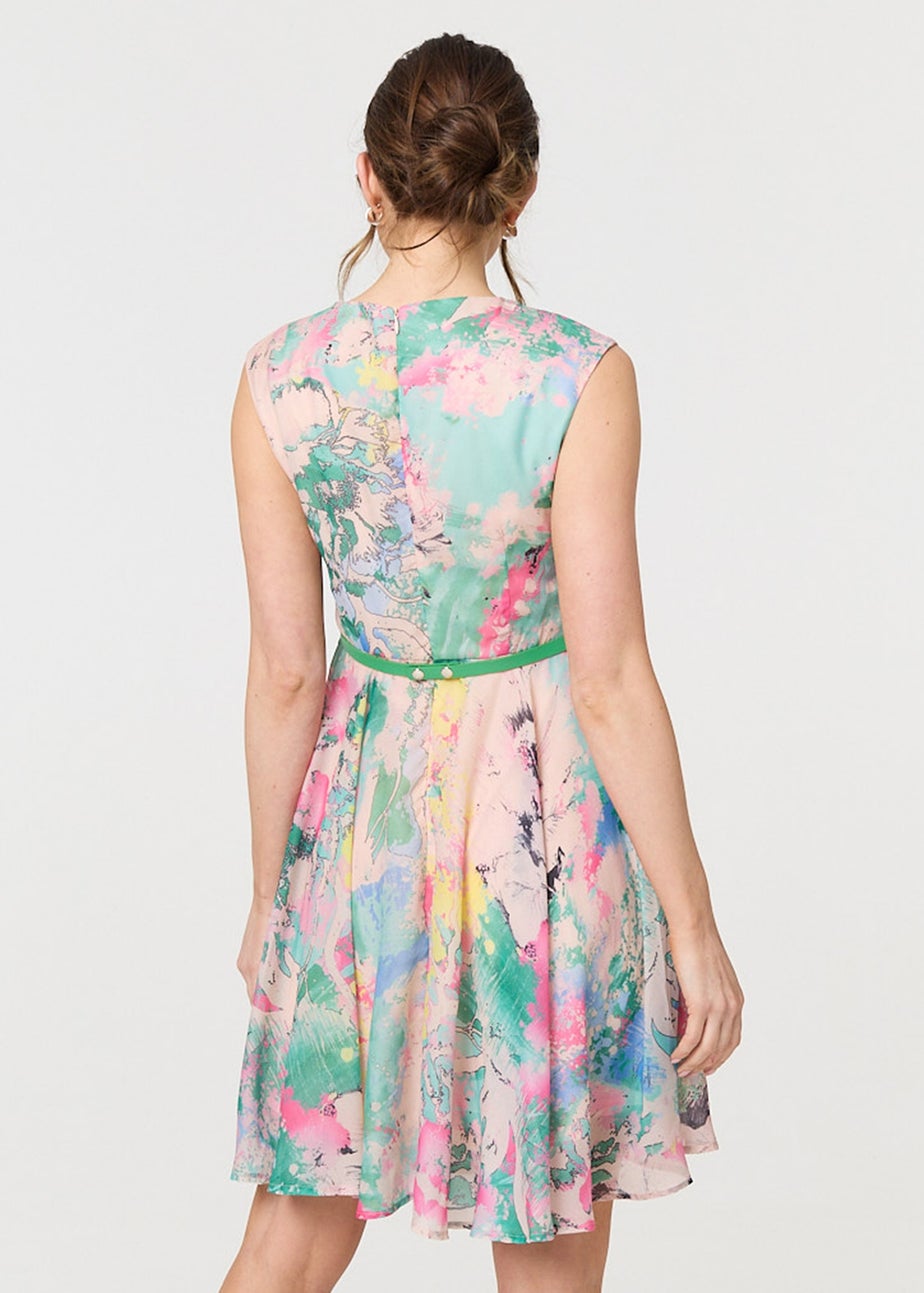 Izabel London Green Printed Sleeveless Short Skater Dress