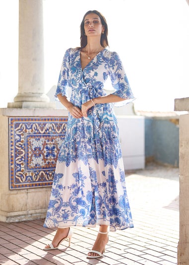 Yumi Blue Paisley Wrap Midi Dress With 3/4 Sleeves