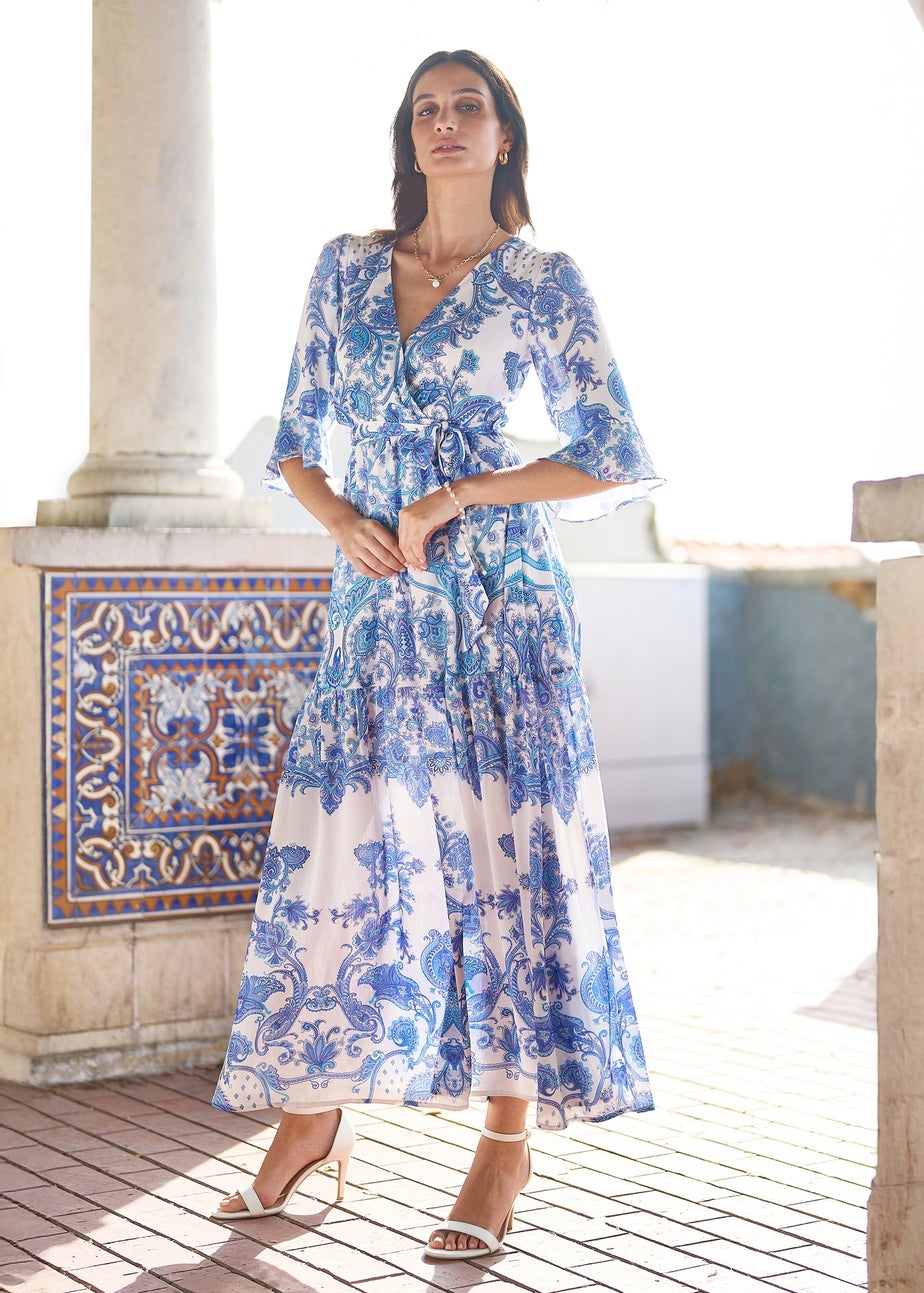Yumi Blue Paisley Wrap Midi Dress With 3/4 Sleeves