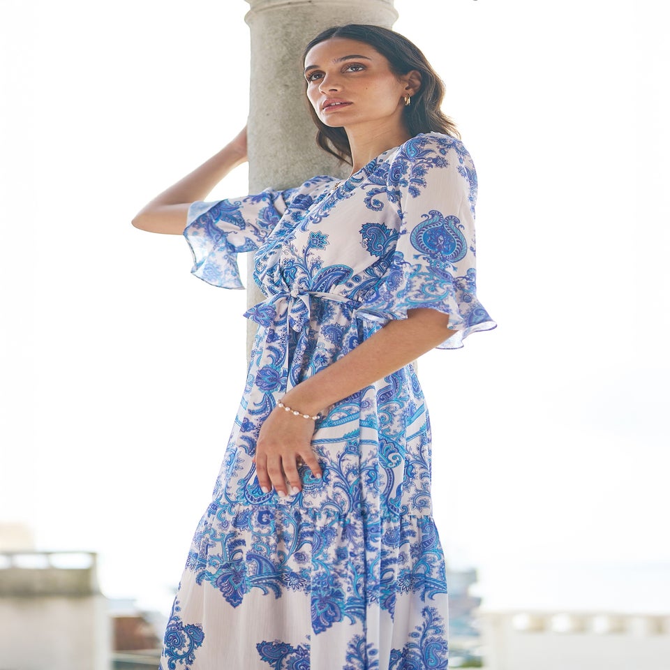 Yumi Blue Paisley Wrap Midi Dress With 3/4 Sleeves