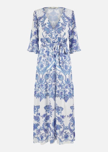 Yumi Blue Paisley Wrap Midi Dress With 3/4 Sleeves