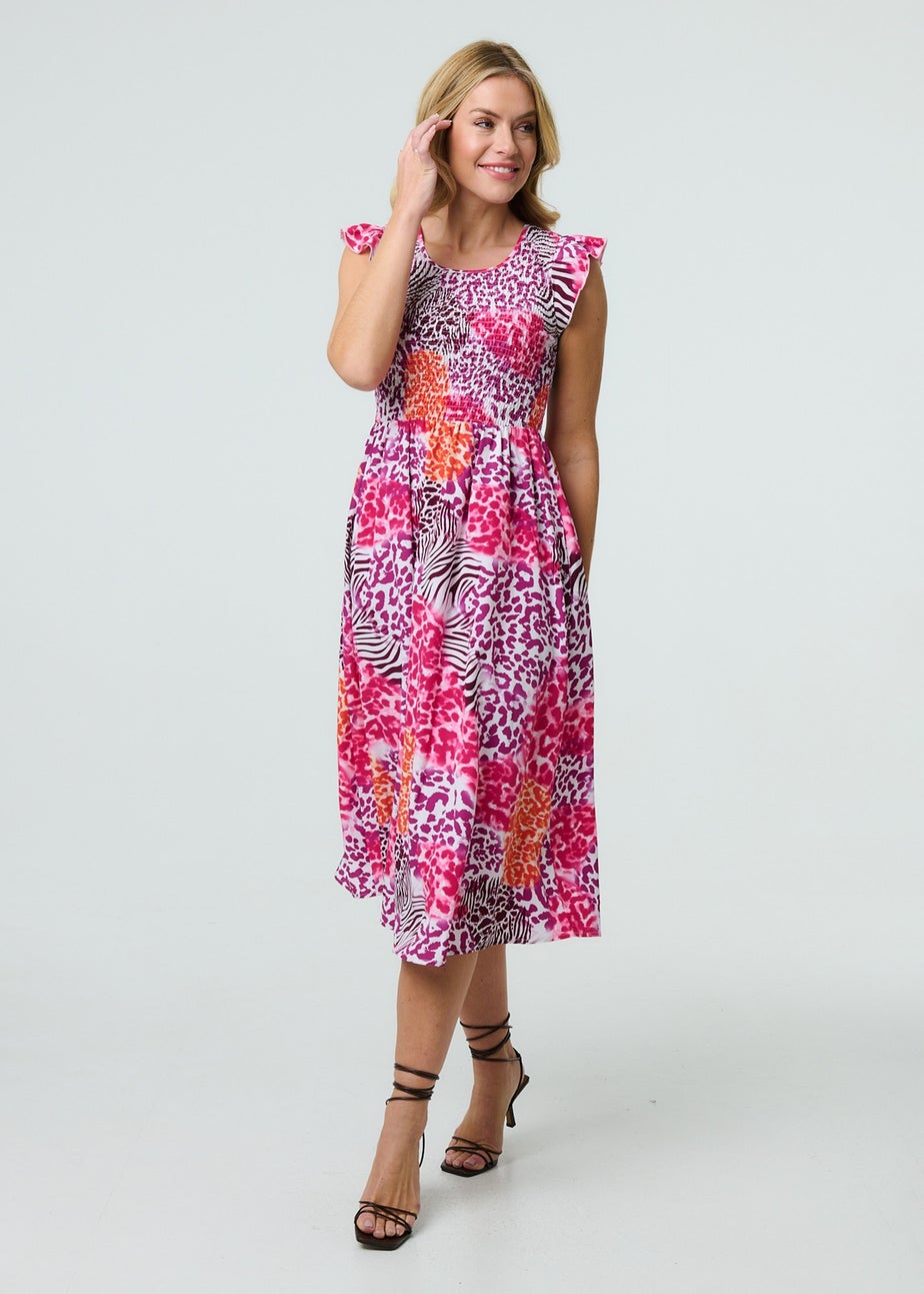 Izabel London Pink Animal Print Cap Sleeve Smocked Midi Dress