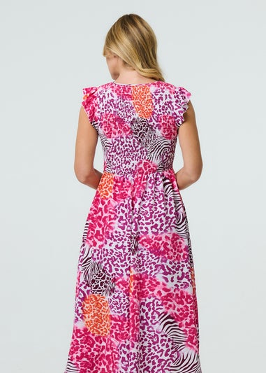 Izabel London Pink Animal Print Cap Sleeve Smocked Midi Dress