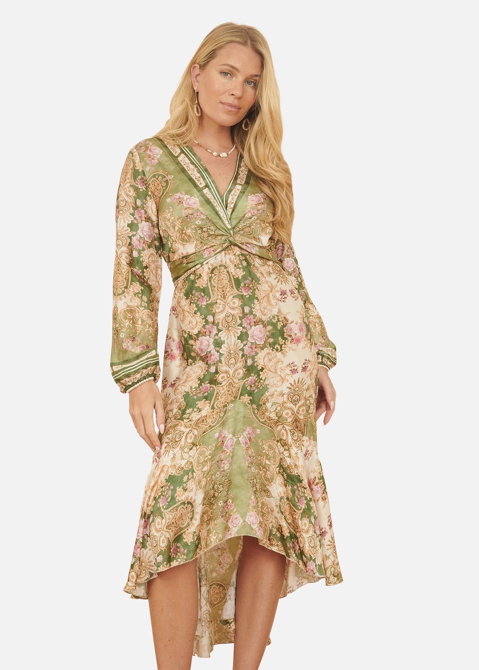 Yumi Green Viscose Scarf Print Tie Front Midi Dress With Dip Hem