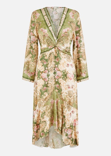 Yumi Green Viscose Scarf Print Tie Front Midi Dress With Dip Hem