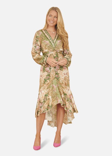 Yumi Green Viscose Scarf Print Tie Front Midi Dress With Dip Hem