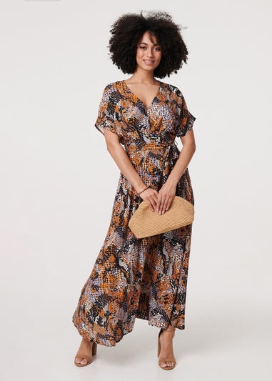 Izabel London Black Animal Print Tie Waist Kimono Maxi Dress