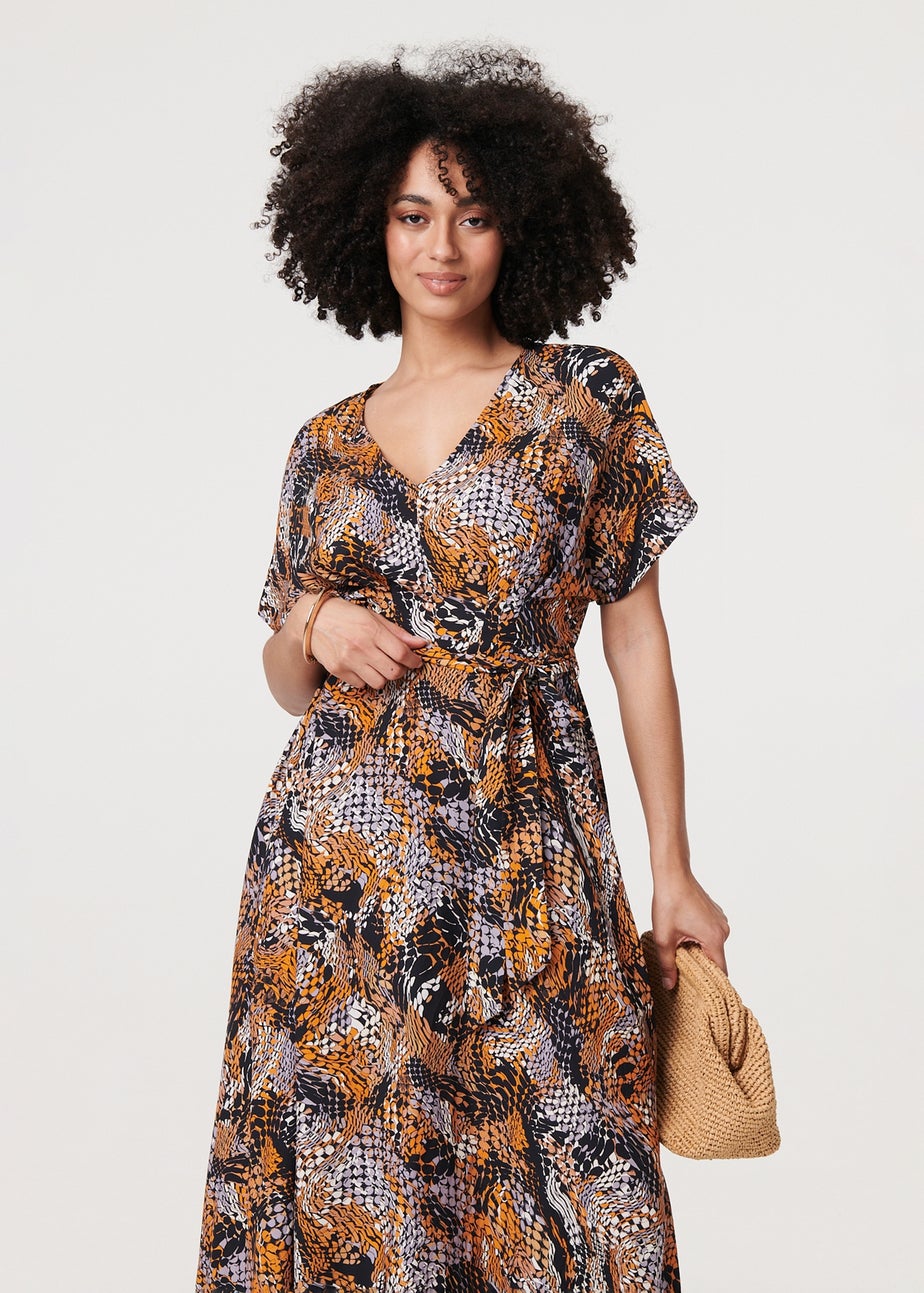 Izabel London Black Animal Print Tie Waist Kimono Maxi Dress