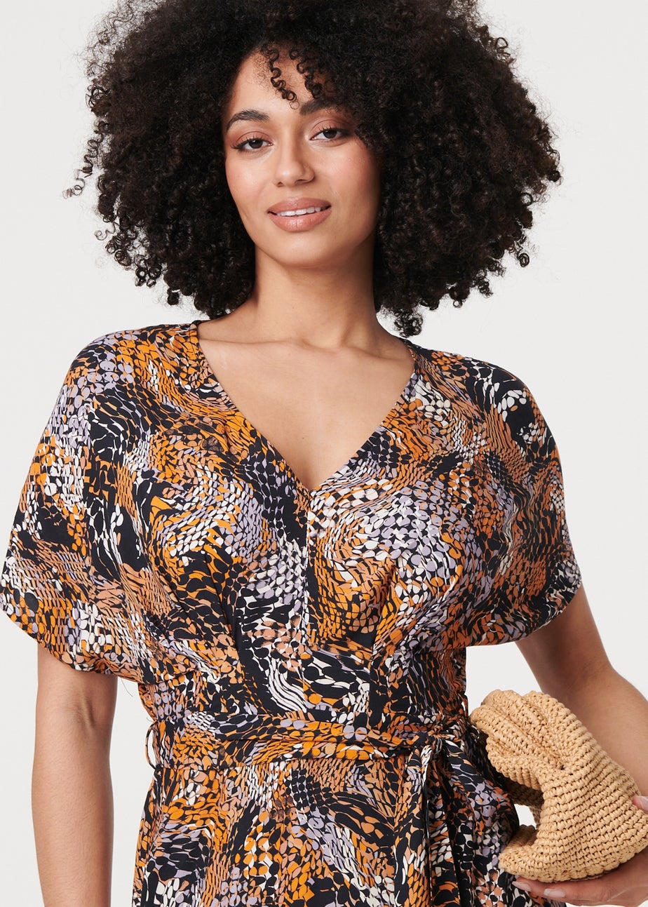 Izabel London Black Animal Print Tie Waist Kimono Maxi Dress