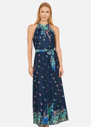 Yumi Navy Mirror Floral Print Maxi Halter Neck Dress