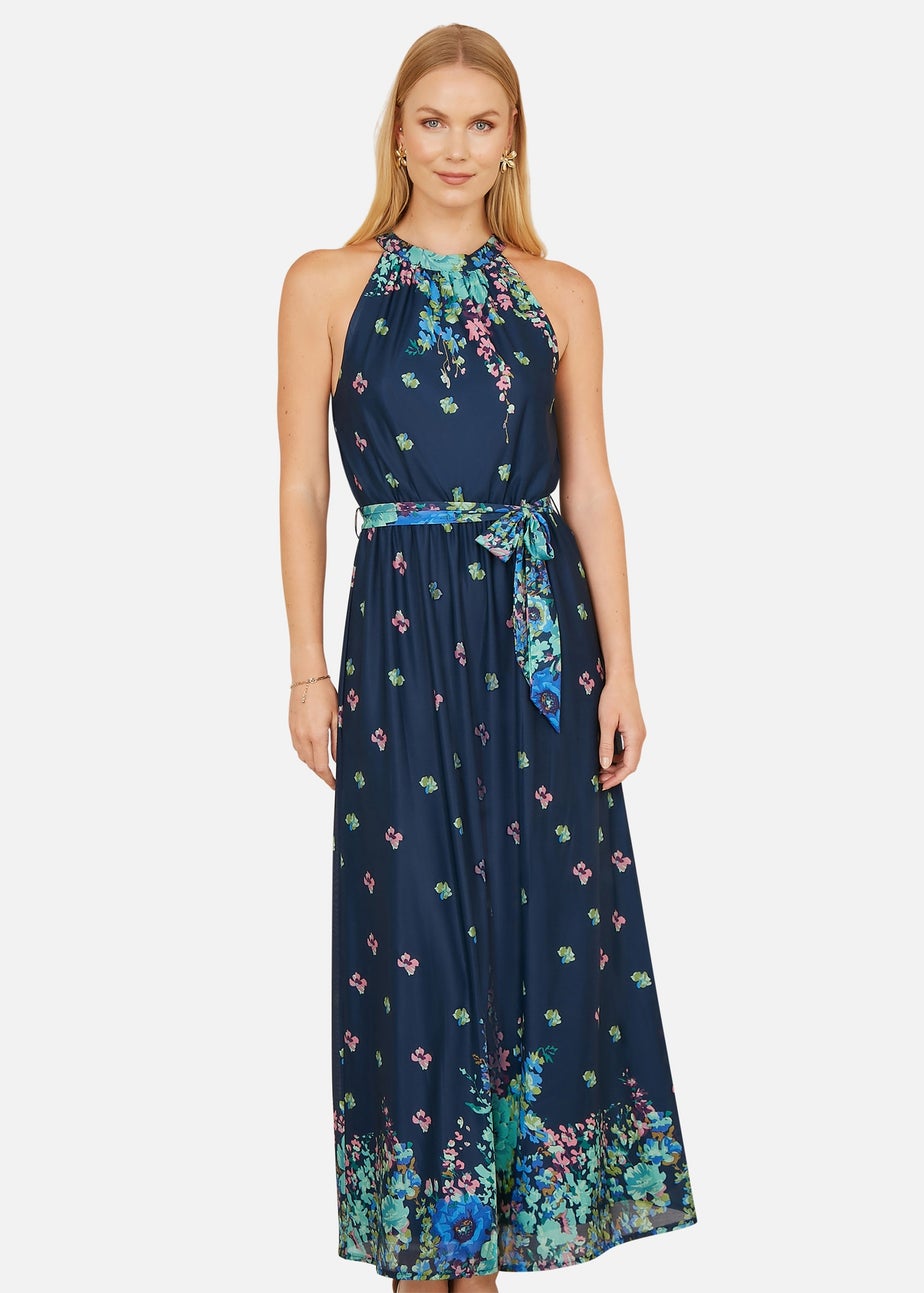 Yumi Navy Mirror Floral Print Maxi Halter Neck Dress