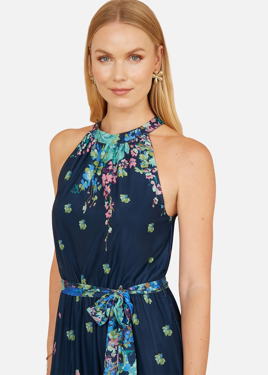 Yumi Navy Mirror Floral Print Maxi Halter Neck Dress