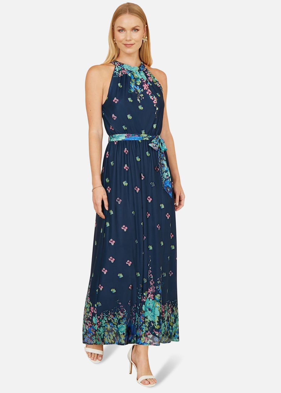 Yumi Navy Mirror Floral Print Maxi Halter Neck Dress