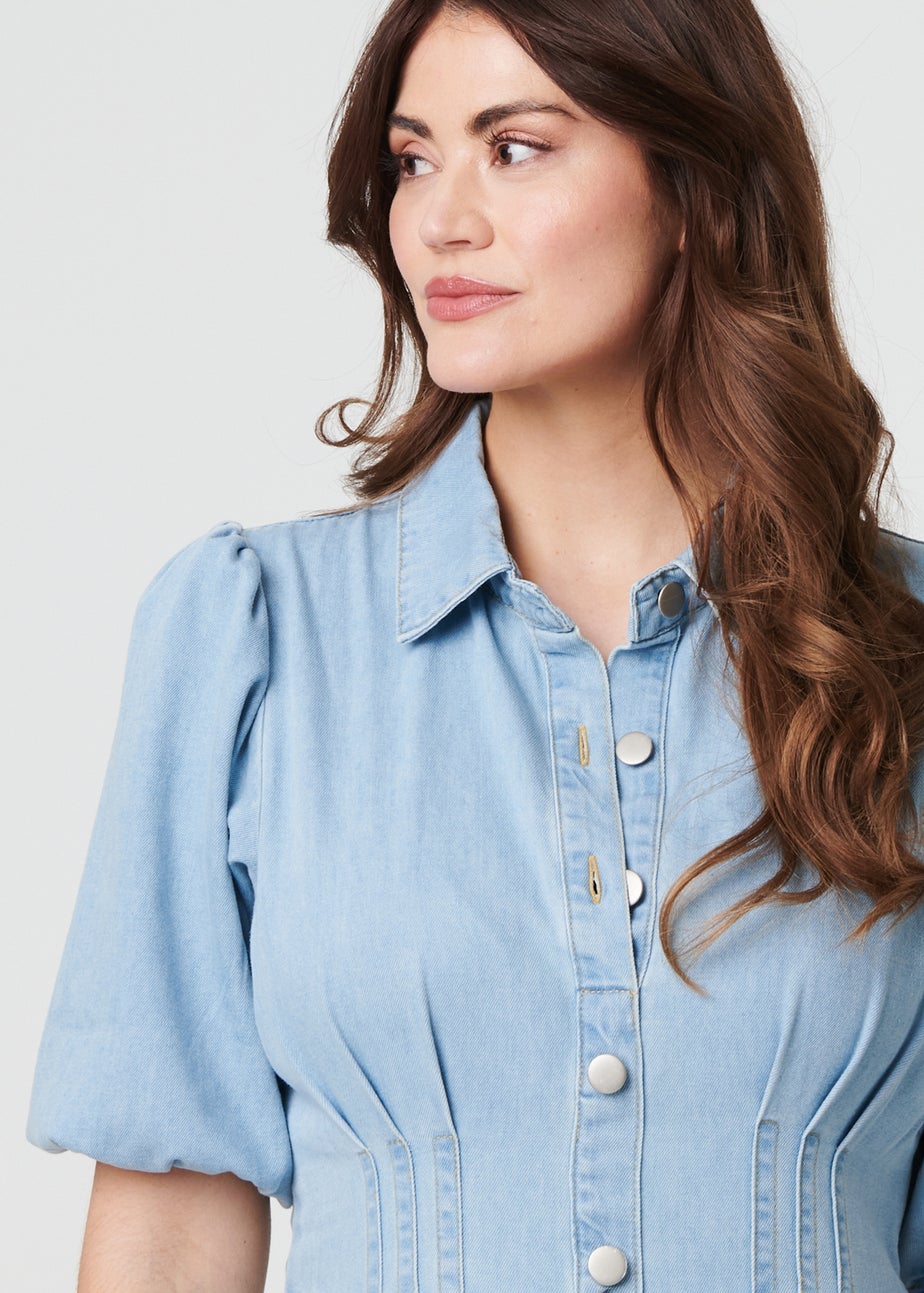 Izabel London Blue Denim Puff Sleeve Ruched Maxi Shirt Dress