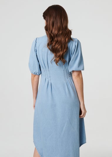 Izabel London Blue Denim Puff Sleeve Ruched Maxi Shirt Dress