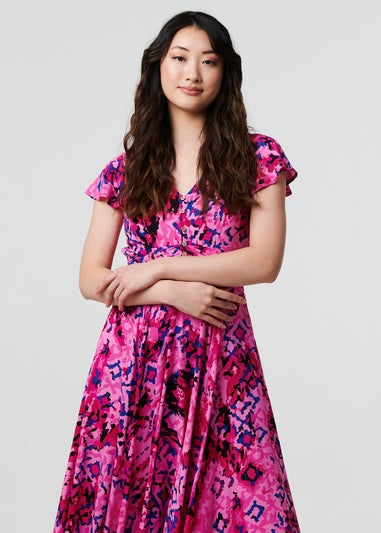 Izabel London Pink Abstract Ruched Waist Cap Sleeve Maxi Dress