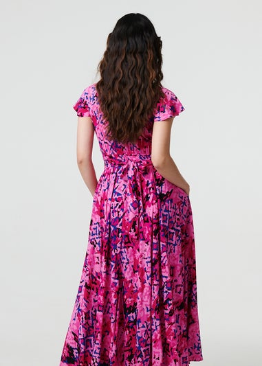 Izabel London Pink Abstract Ruched Waist Cap Sleeve Maxi Dress