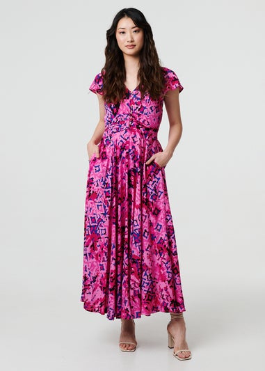Izabel London Pink Abstract Ruched Waist Cap Sleeve Maxi Dress