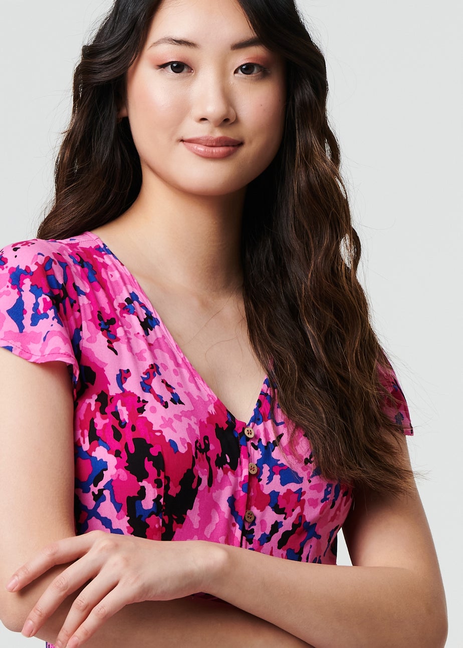 Izabel London Pink Abstract Ruched Waist Cap Sleeve Maxi Dress