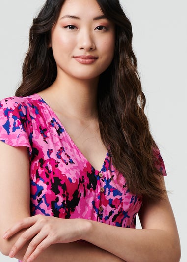 Izabel London Pink Abstract Ruched Waist Cap Sleeve Maxi Dress