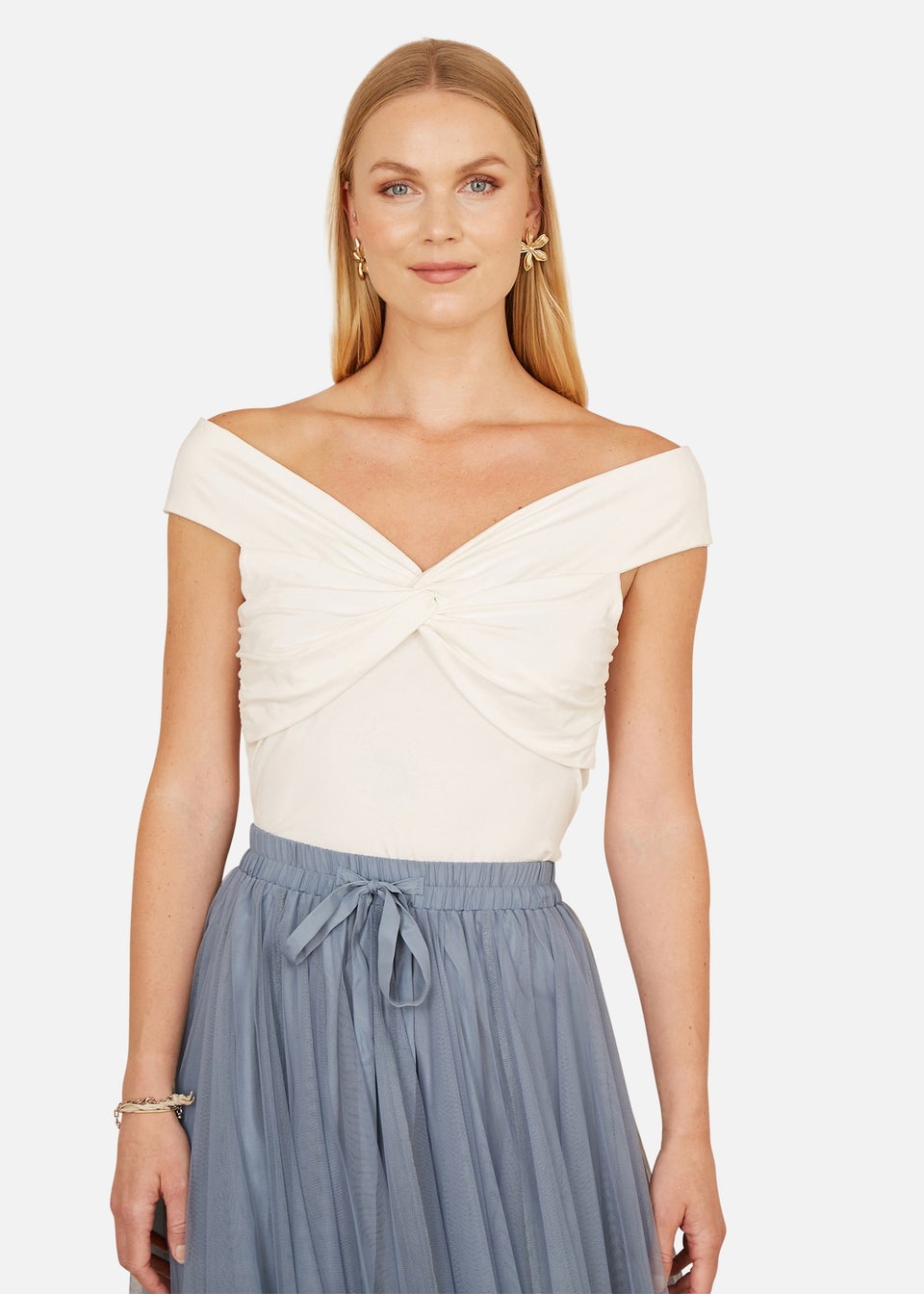 Yumi White Jersey Cotton Bardot Top With Knot Detail