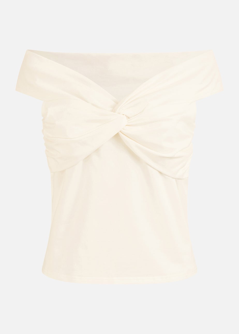 Yumi White Jersey Cotton Bardot Top With Knot Detail