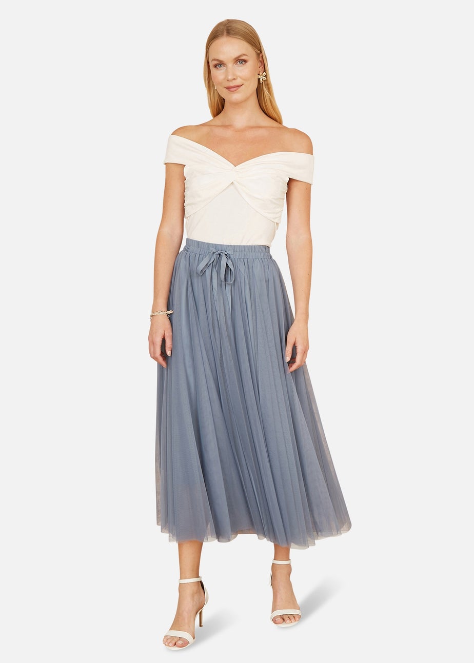 Yumi White Jersey Cotton Bardot Top With Knot Detail