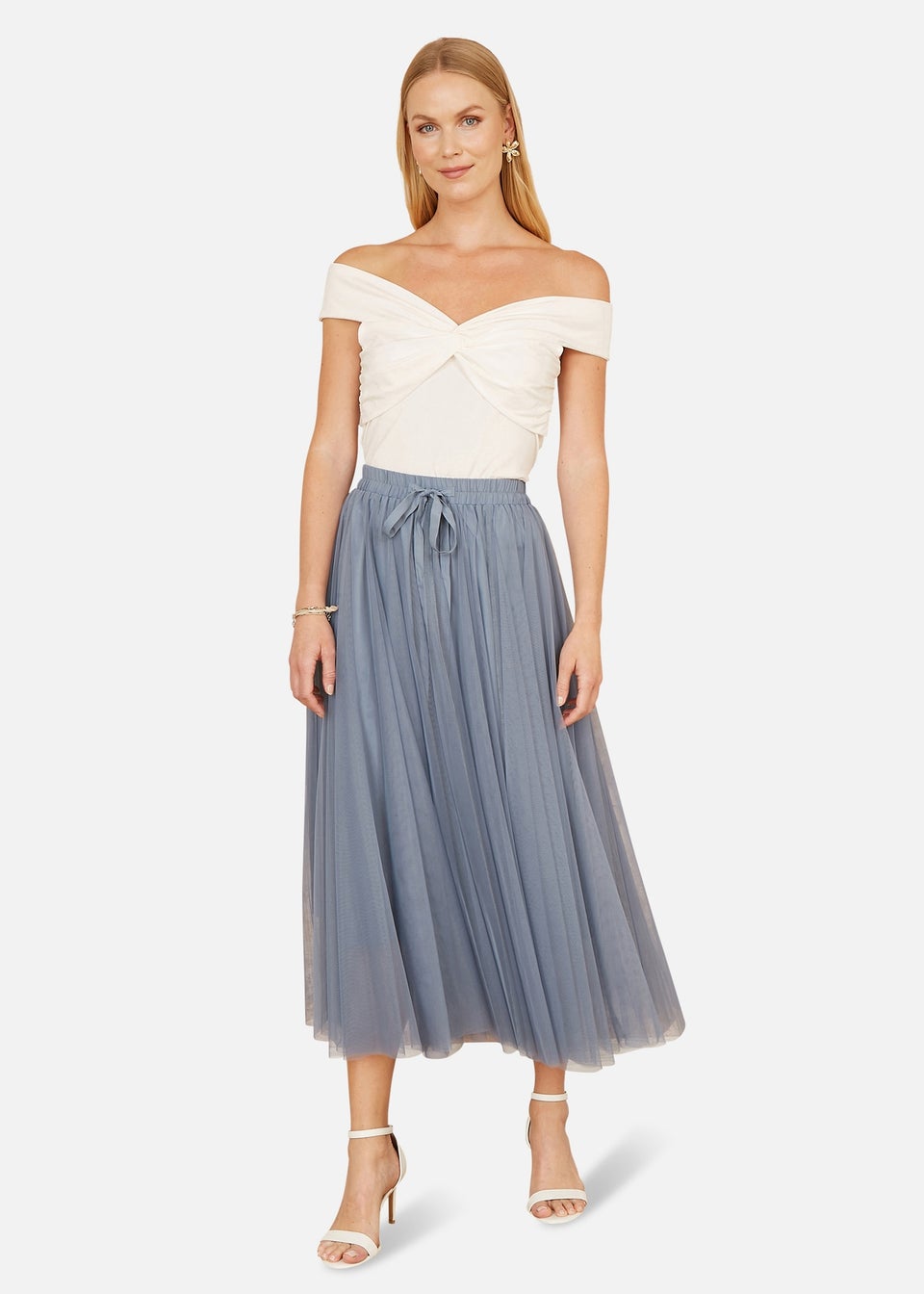 Yumi White Jersey Cotton Bardot Top With Knot Detail