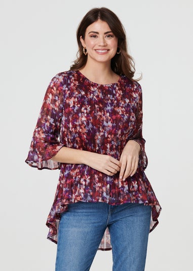 Izabel London Red Animal Print Pleated 3/4 Sleeve Blouse