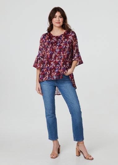 Izabel London Red Animal Print Pleated 3/4 Sleeve Blouse