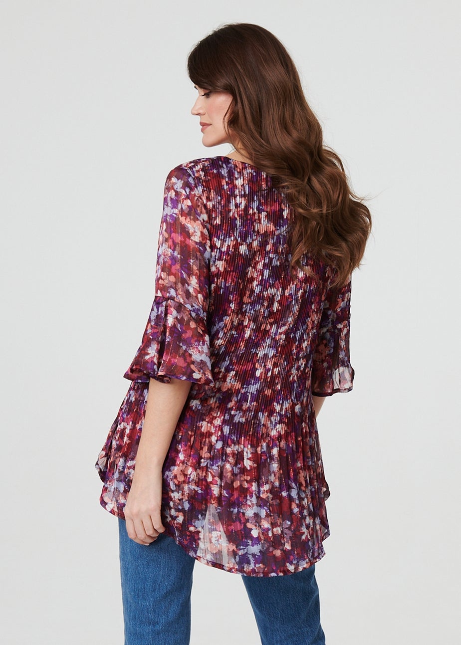 Izabel London Red Animal Print Pleated 3/4 Sleeve Blouse