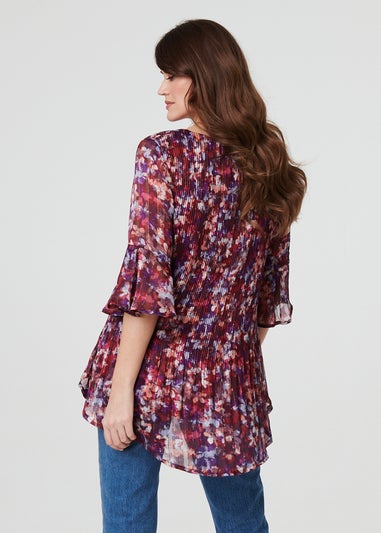 Izabel London Red Animal Print Pleated 3/4 Sleeve Blouse