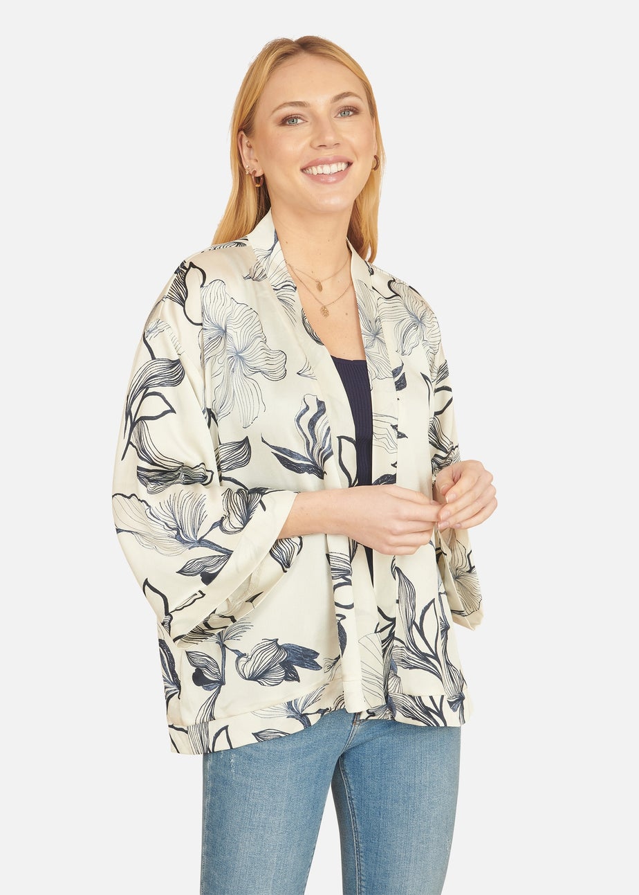 Yumi Ivory Abstract Floral Print Kimono