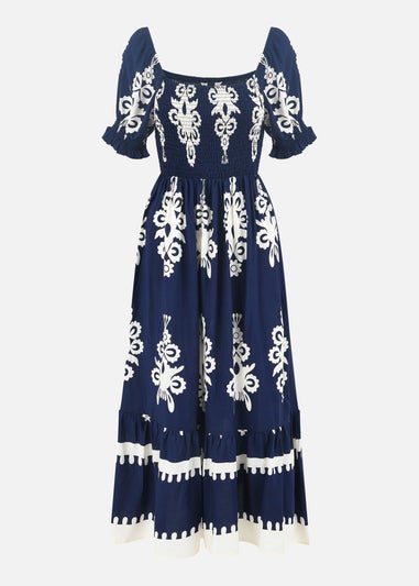 Yumi Navy Block Print Viscose Ruched Midi Dress