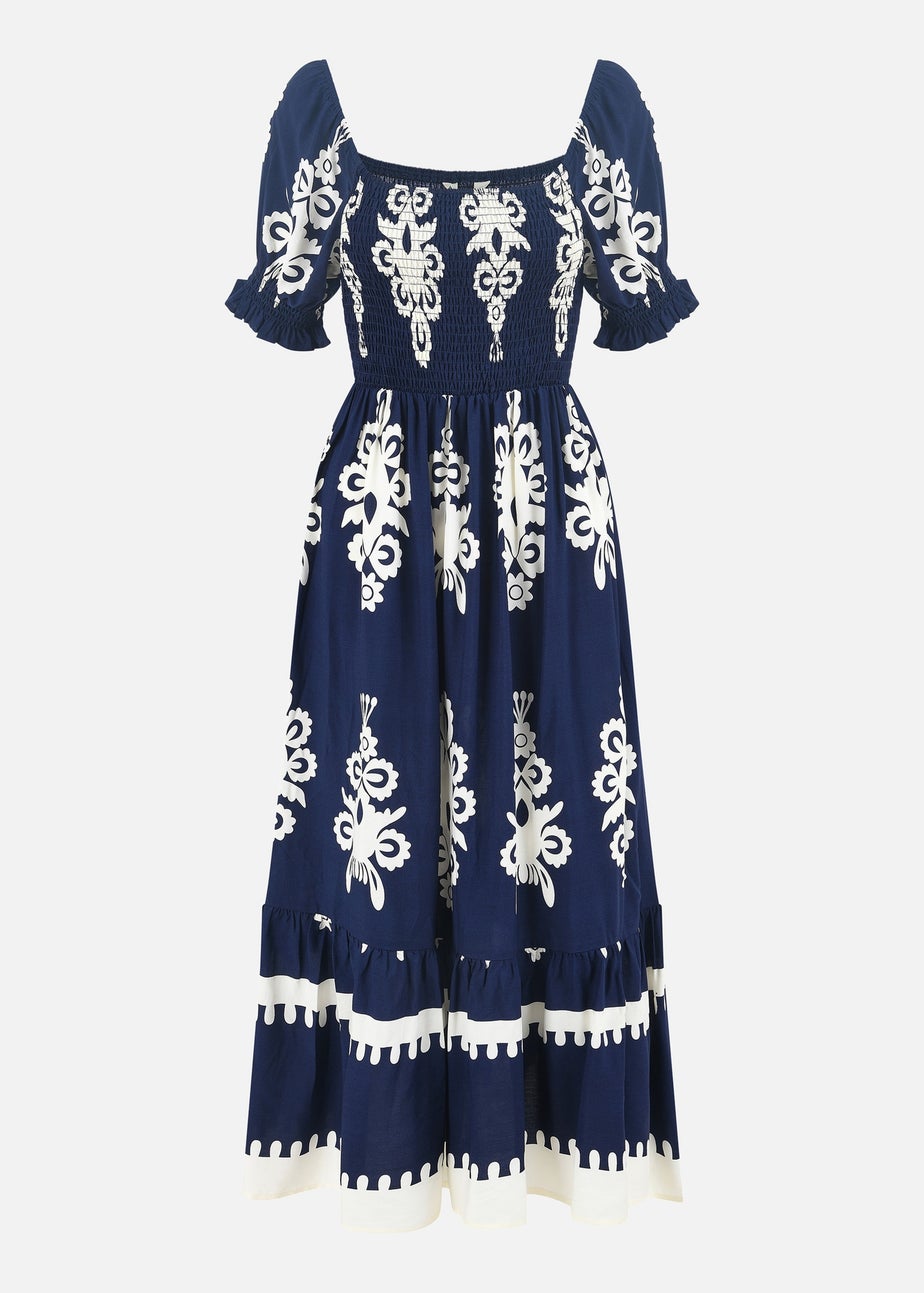 Yumi Navy Block Print Viscose Ruched Midi Dress