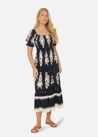 Yumi Navy Block Print Viscose Ruched Midi Dress