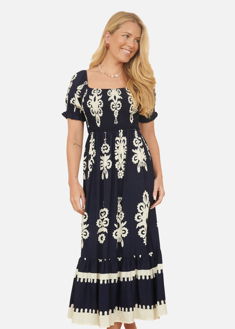 Yumi Navy Block Print Viscose Ruched Midi Dress