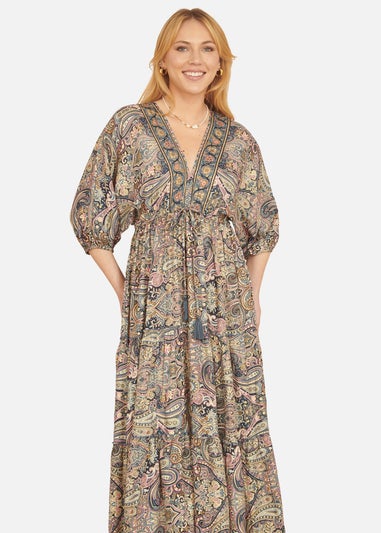 Yumi Multicolour Paisley Print Midi Kimono Dress With Tie Back